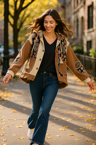 Button Up Patchwork Hoodie Top