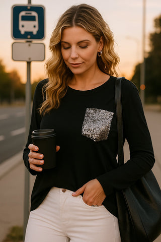 Long Sleeve Curved Hem Top with Sequin Pocket