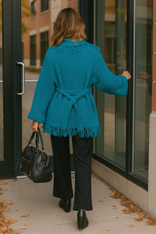Open Sweater Cardi with Fringe Collar & Waist Tie