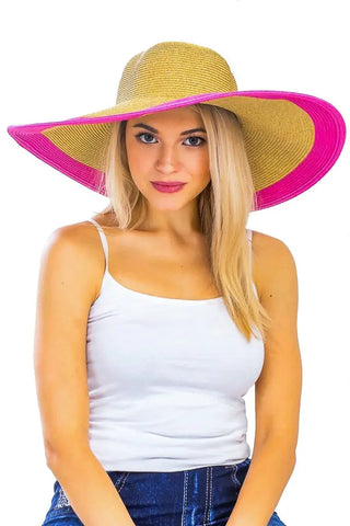 Two Tone Floppy Sun Hat w/ Oversized Brim - Hot Pink