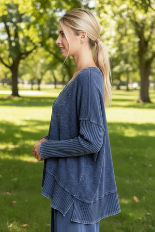 Mineral Wash Patchwork V-Neck Top