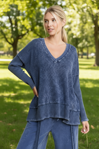 Mineral Wash Patchwork V-Neck Top