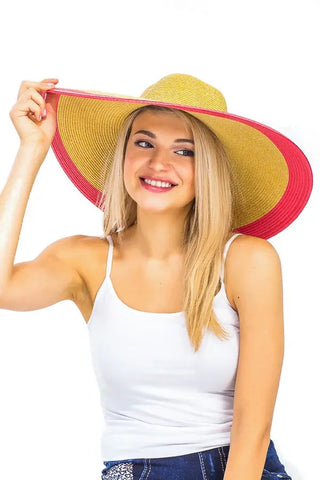 Two Tone Floppy Sun Hat w/ Oversized Brim - Hot Pink