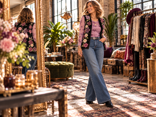 Stylish silver-haired woman wearing a semi-sheer blue-grey printed mesh top over a camisole, paired with black wide-leg jeans in an editorial boho dressing room.