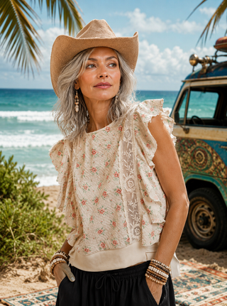 Garden Party Adjustable Hem Flutter Sleeve Top