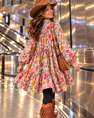 Vintage Floral Print Tiered Shirt Dress