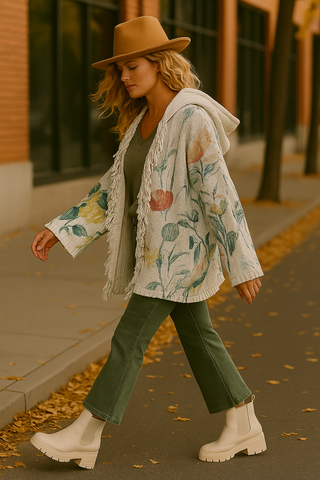 Floral Cable Knit Hoodie Cardigan with Fringe