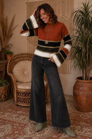 City Limits Ribbed Knit – Striped Mock Neck Sweater with Flared Cuffs