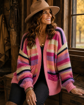 Pretty in Pink Bold Stripe Open Sweater Cardigan