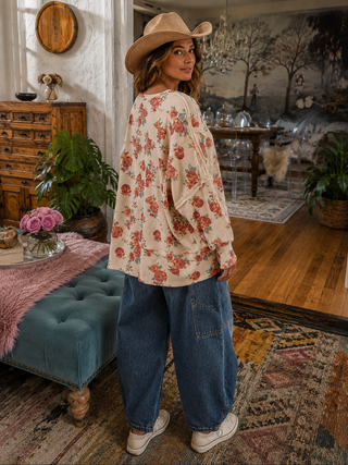 Sunday Stroll Sweatshirt – Oversized Rose Print Waffle Knit Pullover