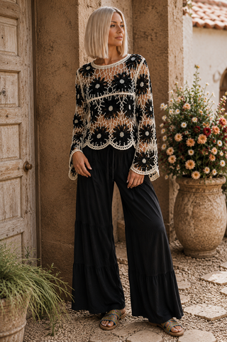 Floral Crochet Knit Top – Long Sleeve Sweater with Scalloped Edge Detail