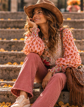 Long Sleeve Pattern Interrupt Peasant Top