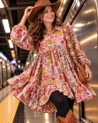Vintage Floral Print Tiered Shirt Dress