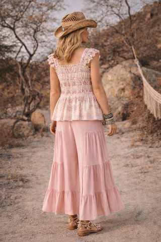 Mineral Wash Tiered Wide-Leg Pants – Lightweight Boho Drawstring Lounge Pants for Women