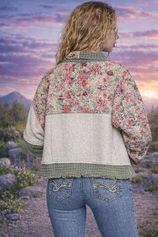 Floral Lace Patchwork Twill Jacket – Textured Boho Layer for Women