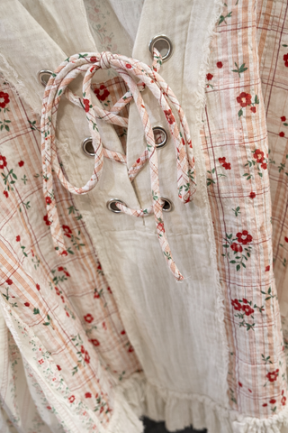 V-Neck Balloon Sleeve Lace Up Floral Ruffle Top