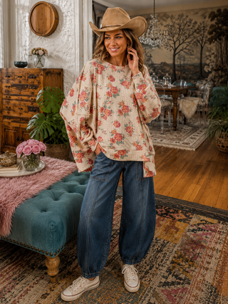 Sunday Stroll Sweatshirt – Oversized Rose Print Waffle Knit Pullover