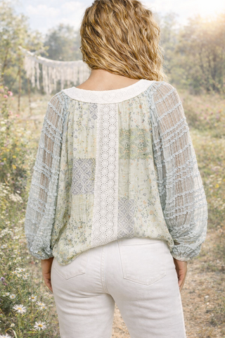 Grommet-Detail Lace Patchwork Top