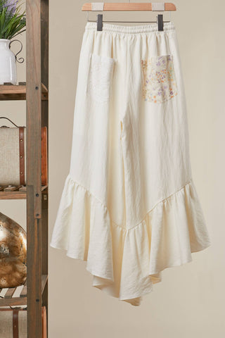 Floral Patchwork Ruffle Pant – Flowy Boho Pants with Asymmetrical Hem