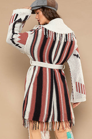 Fringed Tribal Striping Sweater Cardi w/ Belt