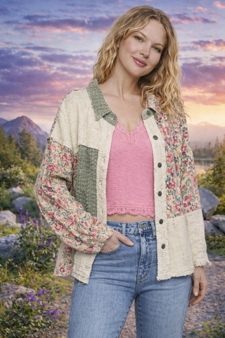 Floral Lace Patchwork Twill Jacket – Textured Boho Layer for Women