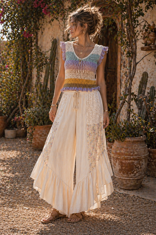 Floral Patchwork Ruffle Pant – Flowy Boho Pants with Asymmetrical Hem Medium / Ivory