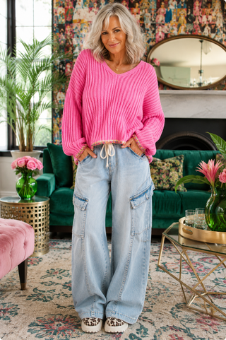 Confetti Trim Sweater – Chunky V-Neck Knit Pullover