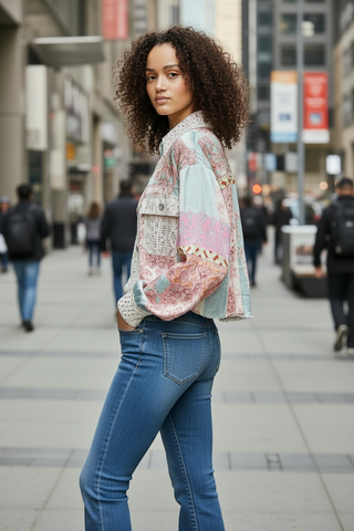 Satin Crochet Lace Patch Floral Jacket  Top