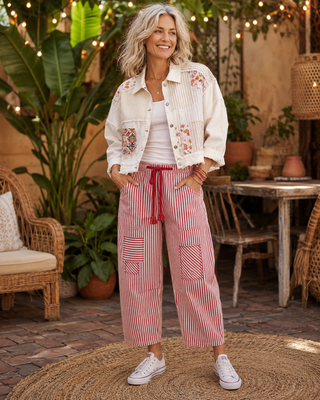 Striped Twill Barrel Leg Pant with Cargo Pockets