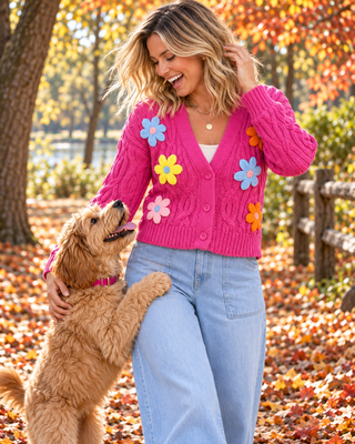 Handmade Button Cardi with Flower Appliqués