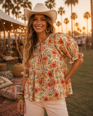Floral Peplum Blouse – Puff Sleeve Top with Tie Neck