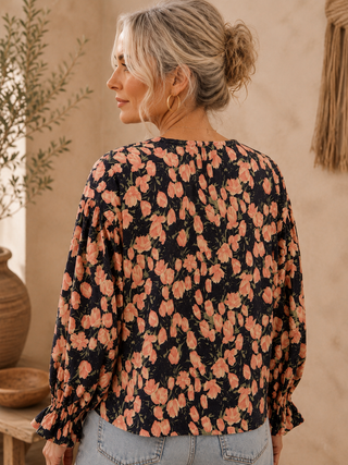 Corduroy Floral V-Neck Button Front Blouse – Romantic Balloon Sleeve Top with Ruffle Cuffs