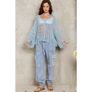 Distressed Open Knit Outseam Popover