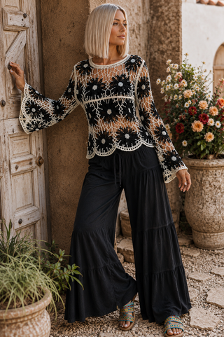 Floral Crochet Knit Top – Long Sleeve Sweater with Scalloped Edge Detail