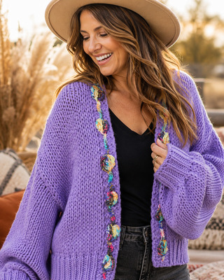 Chunky Multicolor Trim Open Sweater Cardigan