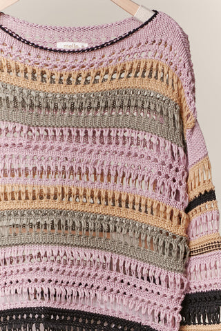 Multi-Stripe Boat Neck Sweater – Cozy Open Knit Pullover