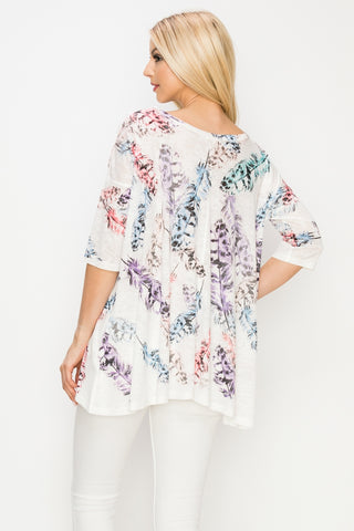 3/4 Sleeve Ombre Feather Print Tunic