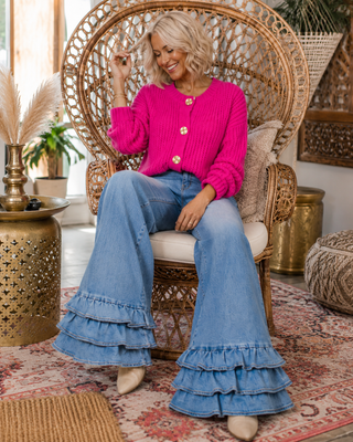 High Rise Wide Leg Flared Jeans with Tiered Ruffle Hem