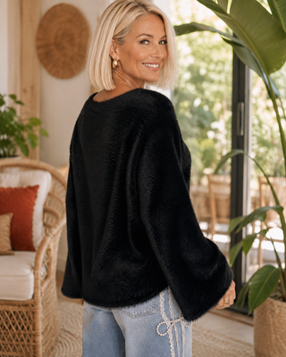 Midnight Mischief Sweater – Eyelash Knit Bell Sleeve Pullover with Strappy Neckline