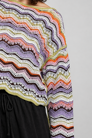 Crochet Stripe Scalloped Long Sleeve Top – Lightweight Boho Knit with Relaxed Fit