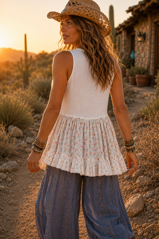 Floral Babydoll Tank Top – Lightweight Rayon Gauze Summer Top