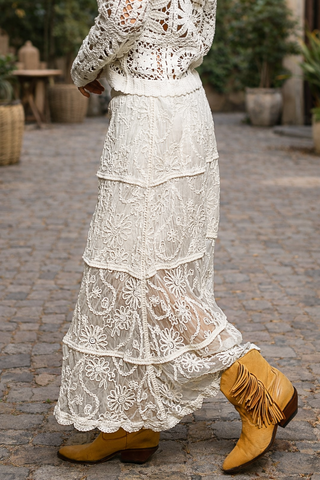 Embroidered Crochet Midi Skirt with Lining