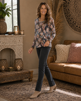 Painterly Rose Long Sleeve Mesh Top