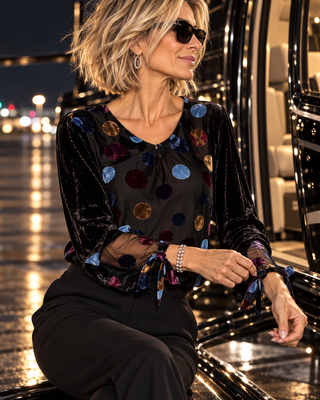 Velvet Dot Burnout Blouse with Ribbon Tie Cuffs