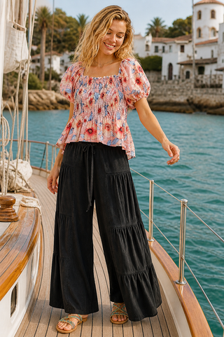 Floral Smocked Peplum Blouse – Puff Sleeve Top with Tie-Back Detail