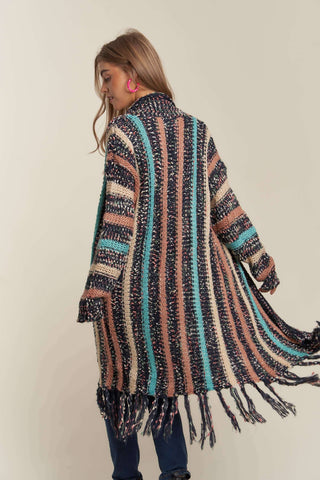 Longline Multi-Stripe Sweater Cardi with Tassels
