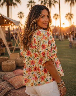Floral Peplum Blouse – Puff Sleeve Top with Tie Neck