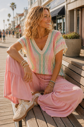 Saltwater Taffy Crochet Top – Open Back Knit with Scalloped Stripes