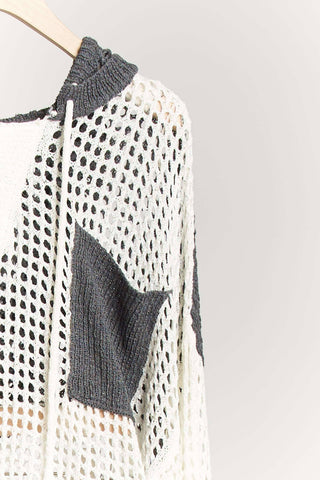 Colorblock Crochet Hoodie – Open Knit Pullover with Relaxed Fit