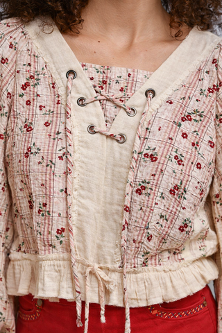 V-Neck Balloon Sleeve Lace Up Floral Ruffle Top